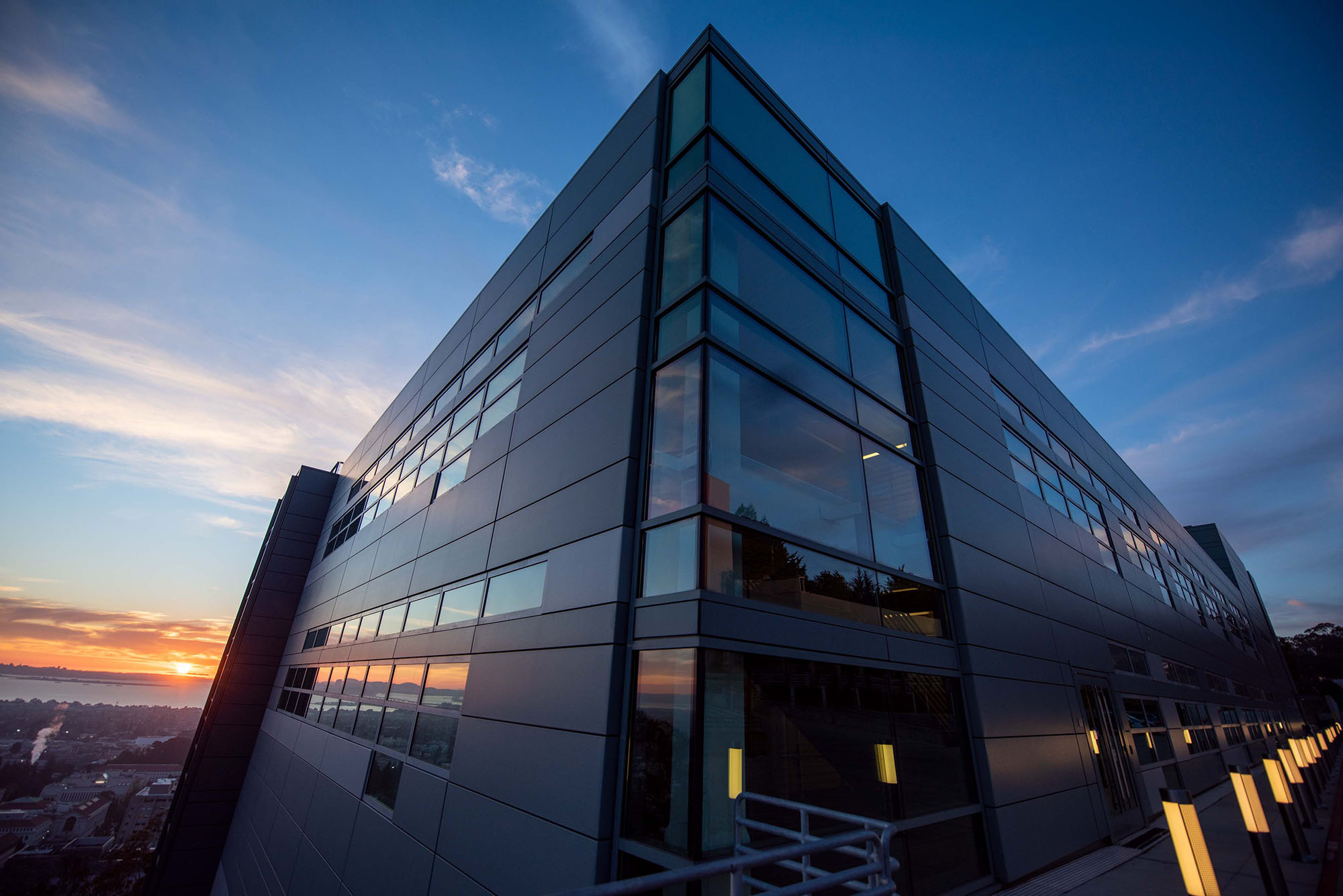 Exterior shot of a building at sunset.