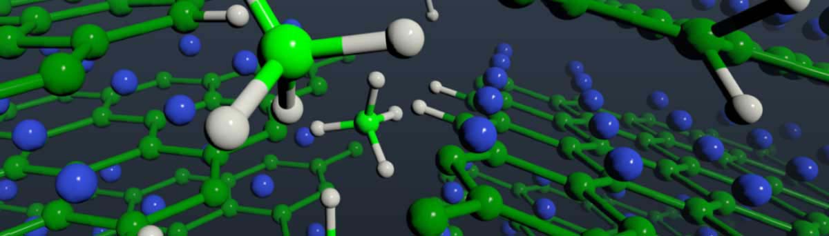 Artistic rendering of green and blue hydrogen molecules.