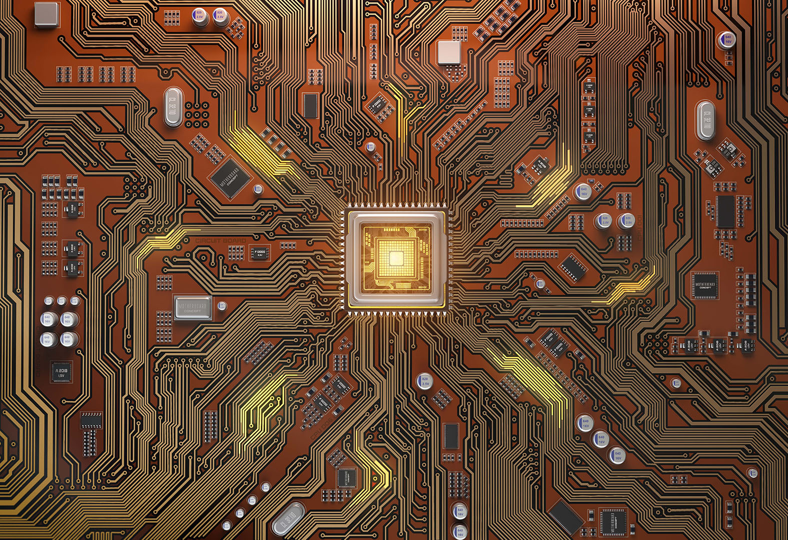 Orange and gold microchip artistic rendering.