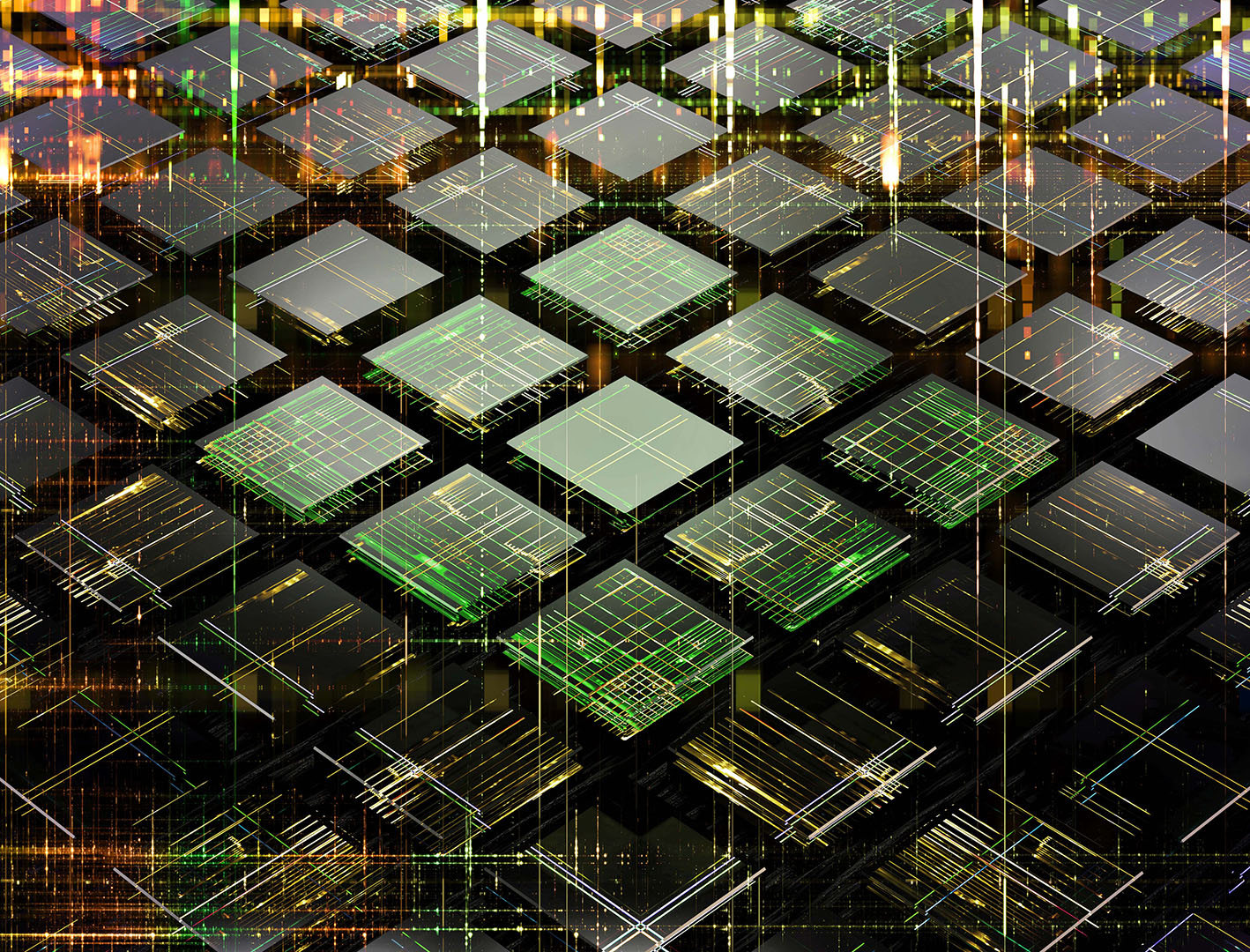 Green microchips lined up in an artistic rendering.