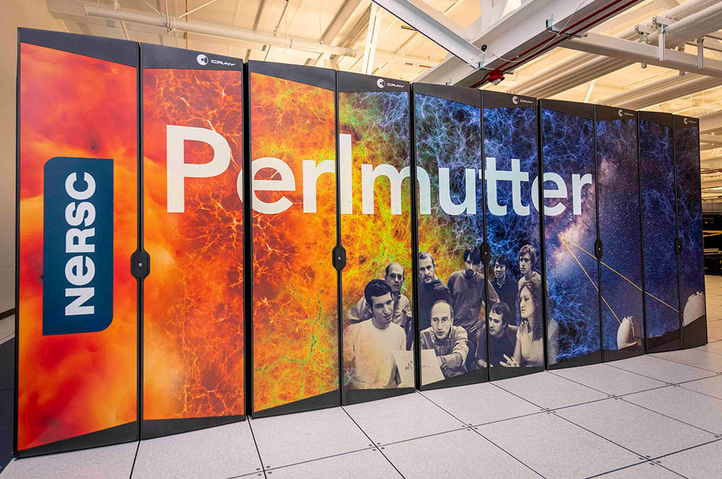 Colorful high-performance computer, "Perlmutter," in white room.