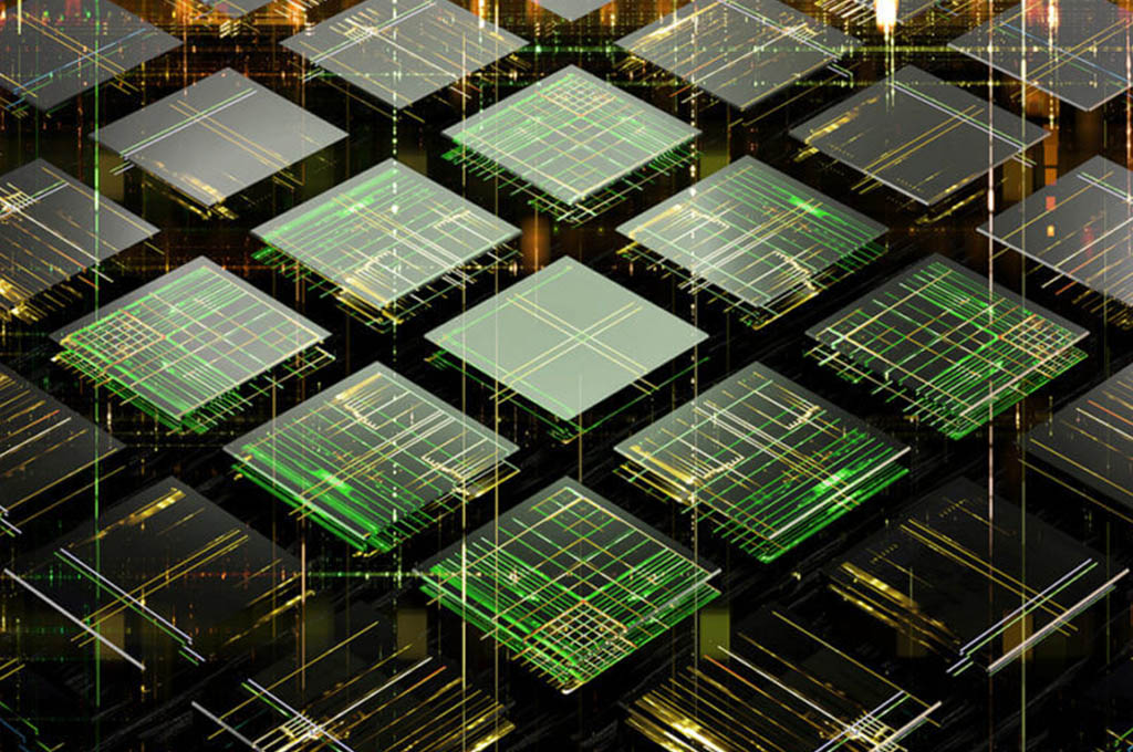 Artist's concept rendering of green futuristic computer chips.