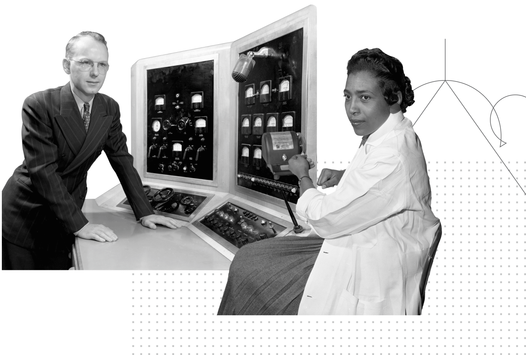 Black and white graphic photo collage of two scientists working at the lab.
