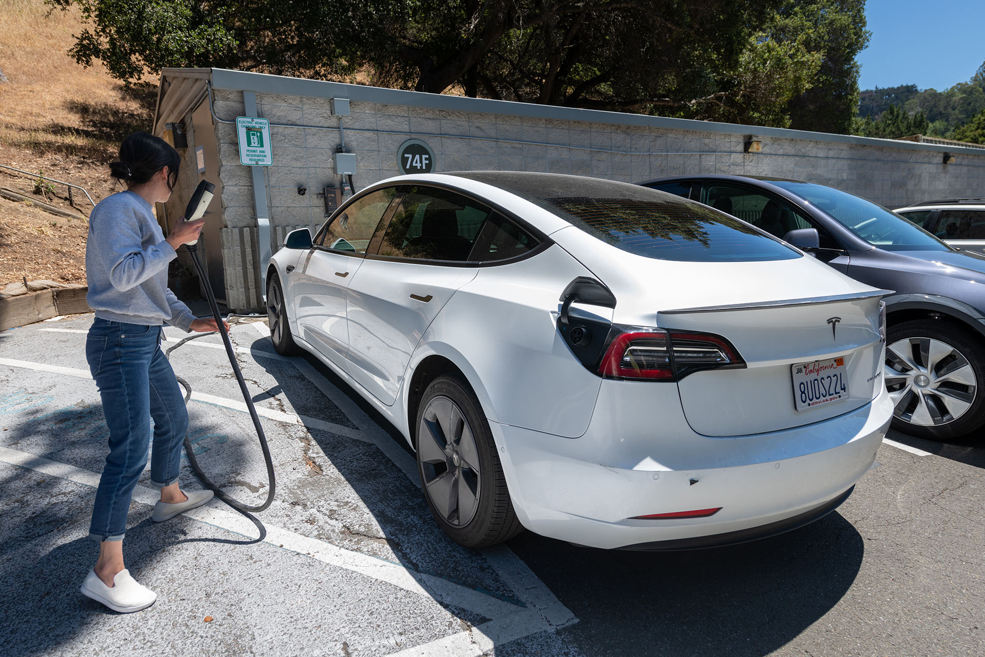 An electric car charging station.