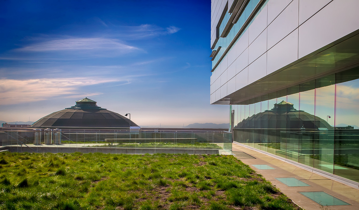 Side of LEED certified building with the Advanced light source in the background.