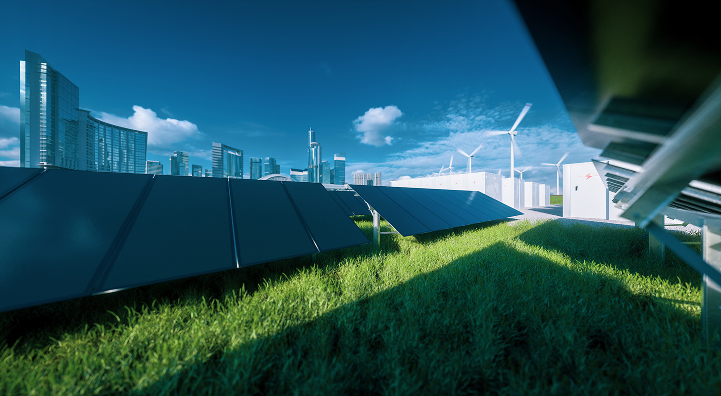 Solar panels and wind turbines in front of a cityscape.