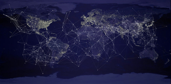 World map with interconnecting lines.