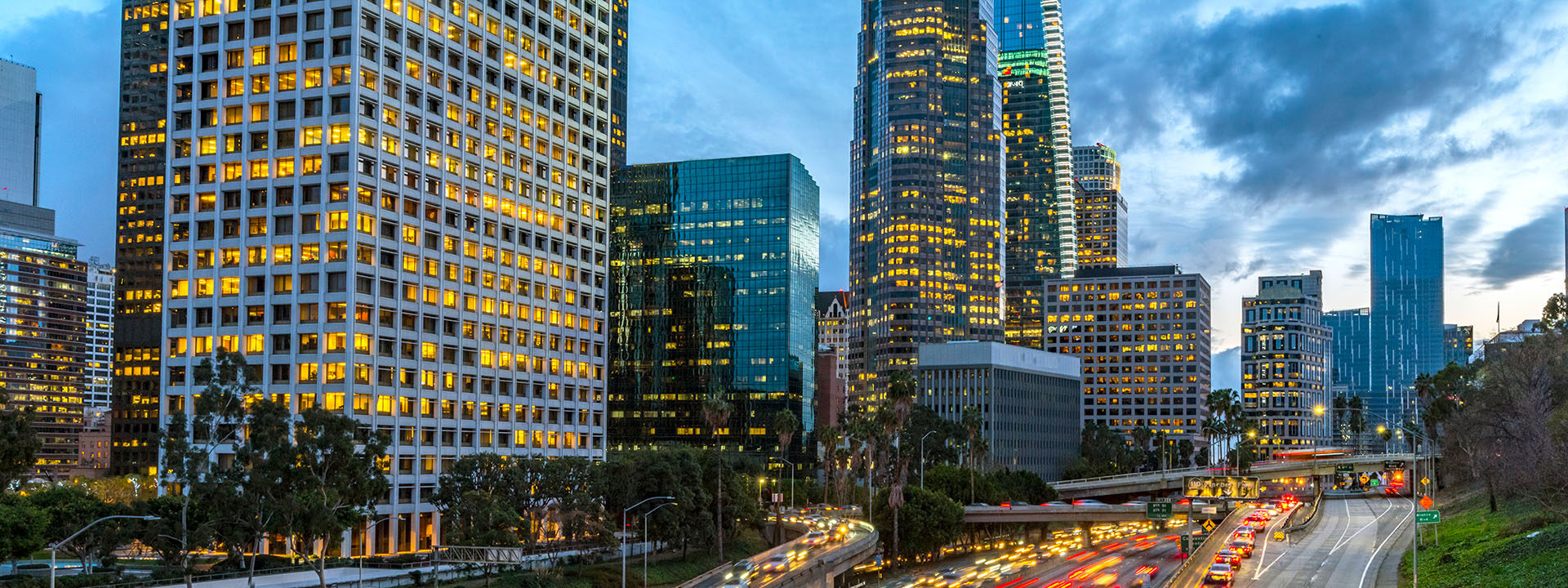 Evening traffic in downtown Los Angeles.