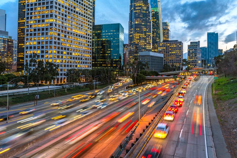 Evening traffic in downtown Los Angeles.