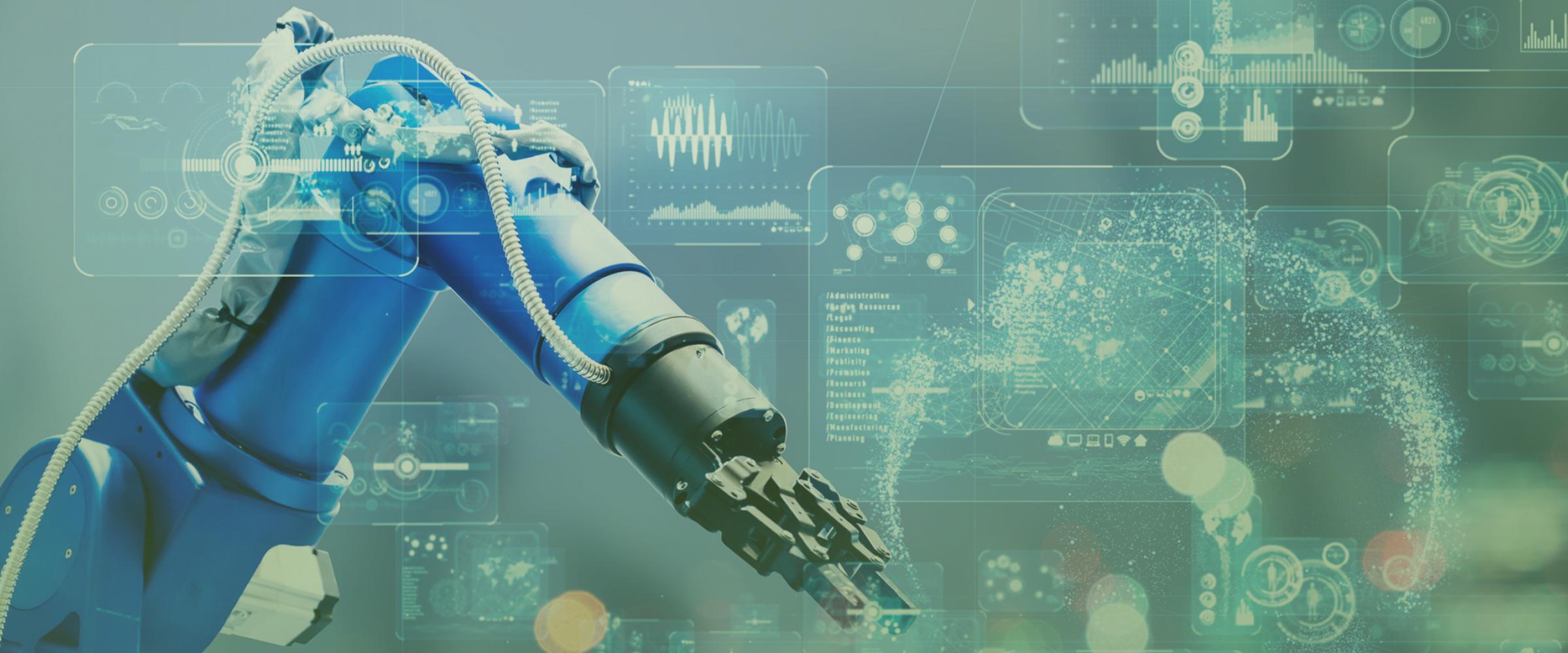 Artistic photoshop composition of a machine arm and background equations.