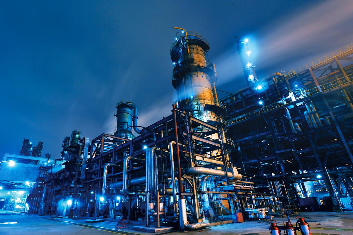 Oil refinery at night.