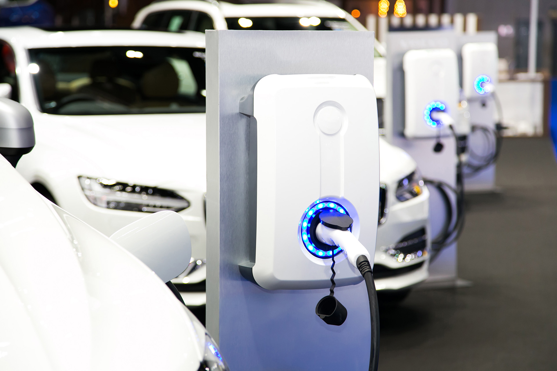Whites electric cars at charging ports.