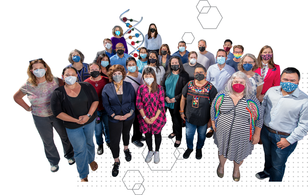 Graphic collage of a group of 10 to twenty people standing in front of a double helix sculpture.