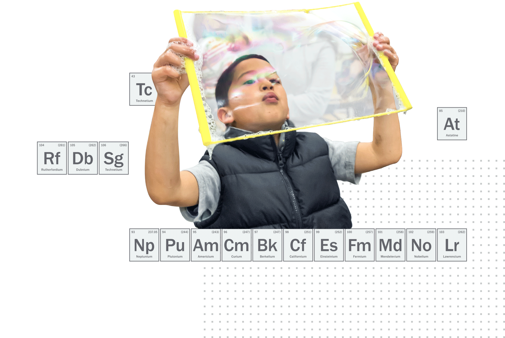 Graphic photo collage of a child playing with bubbles and periodic table elements in the background.