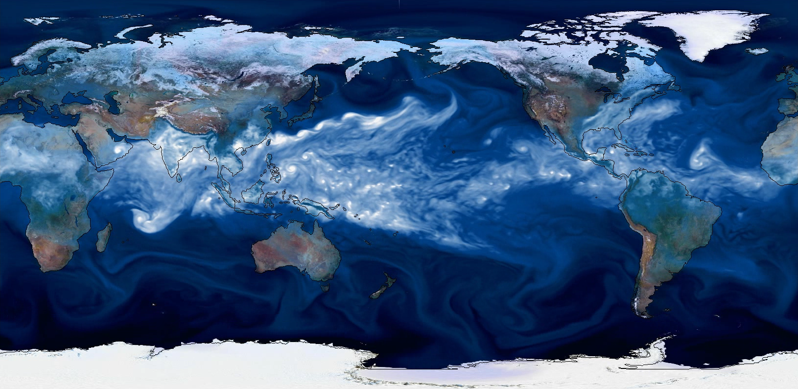 Illustrated map of the Earth with a climate model of ocean eddies