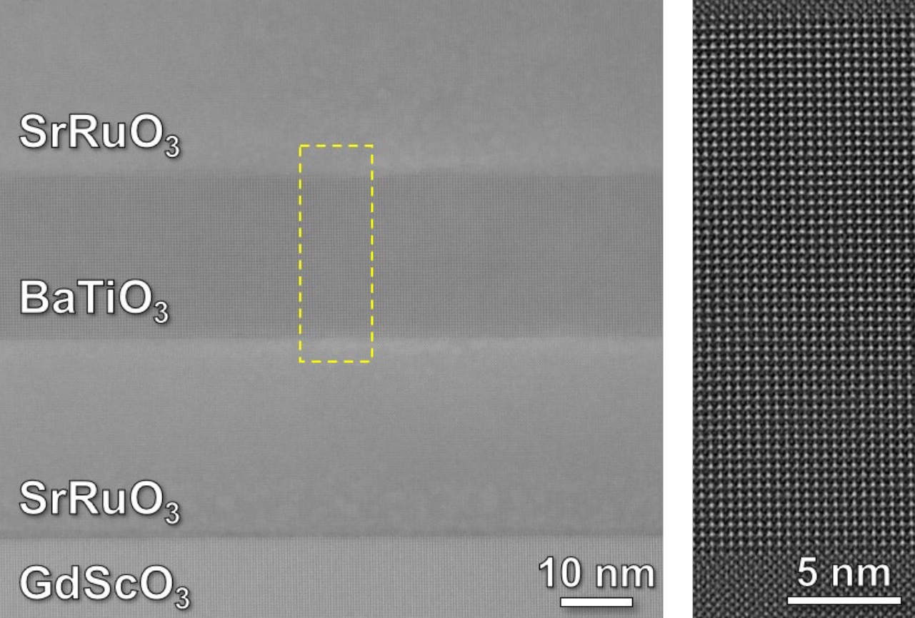 Electron microscope images show the precise atom-by-atom structure of a barium titanate (BaTiO3) thin film sandwiched between layers of strontium ruthenate (SrRuO3) metal to make a tiny capacitor.