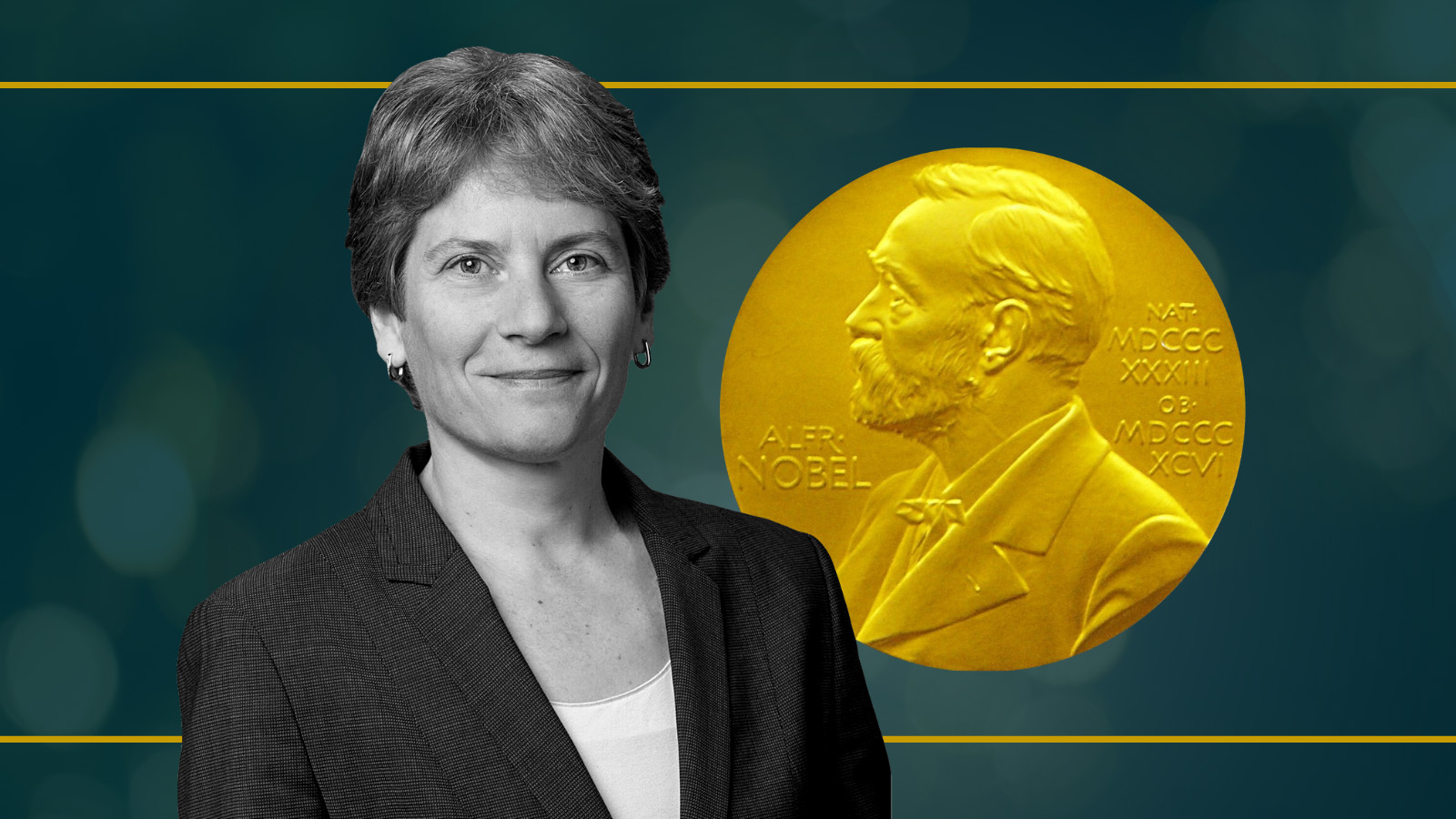 Collage of person wearing a blazer and a white shirt with the Nobel prize medal in the background.