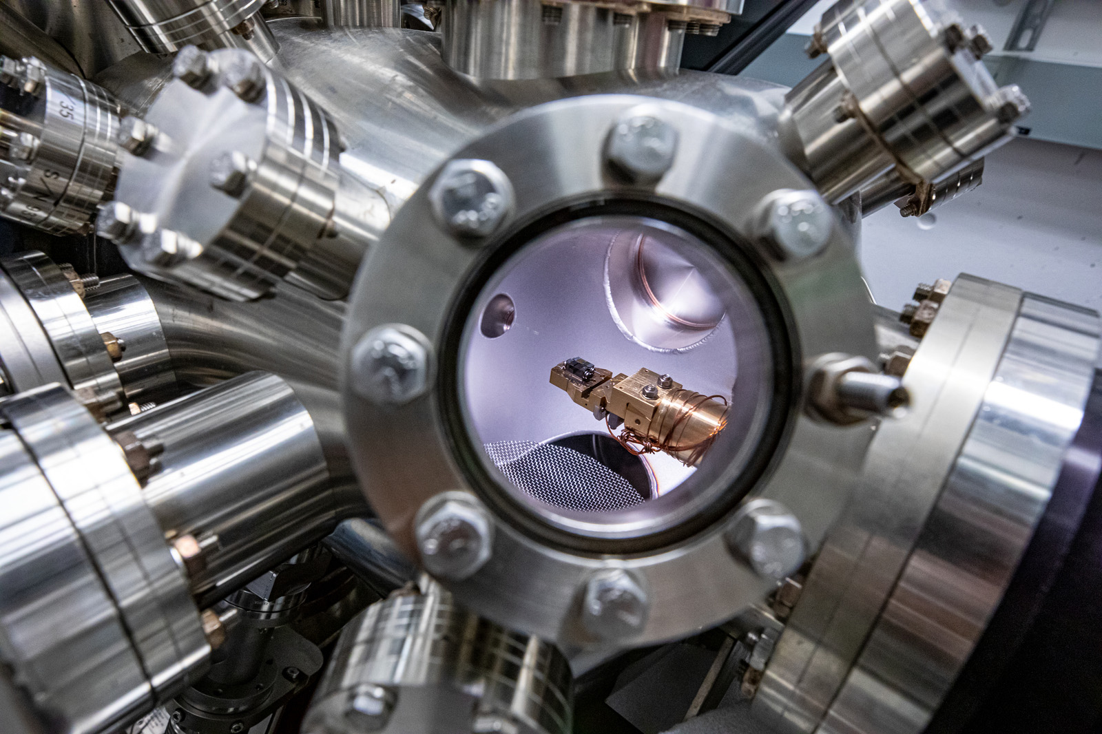 A 2D material sample that is held within an ultrahigh vacuum, low-temperature scanning probe microscope.