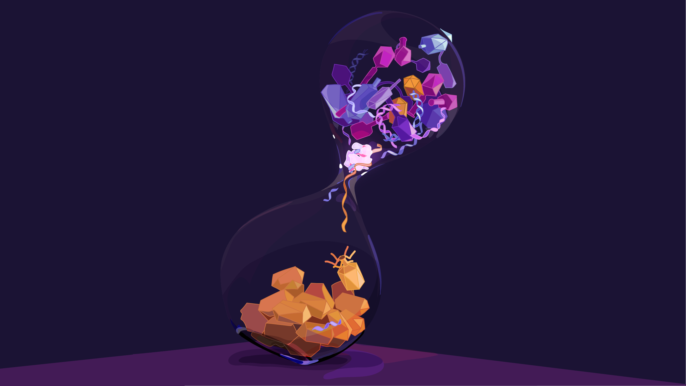 A digital illustration of an hourglass filled with pieces of virus capsules and DNA strands. The pieces at the top of the hourglass are purple, and they are flowing downward into viral pieces that are orange.