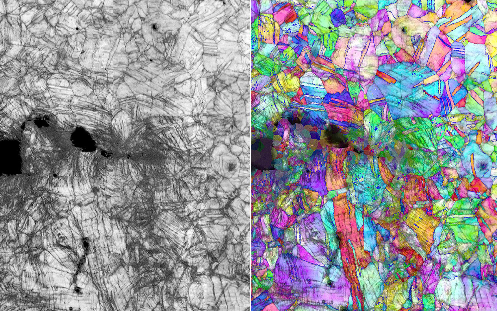 A black and white microscopy image of the material; it looks like zoomed in scratches on a hard surface on the left, then the same image in vivid multicolor on the right.