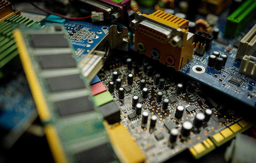 A heap of electronic and computer hardware waste for disposal or recycling - junked computer parts.