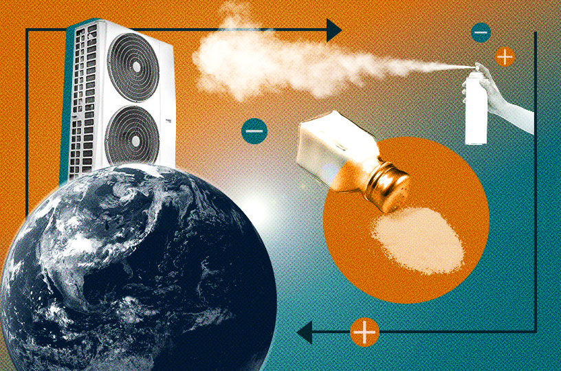 Graphic collage depicting an air conditioning unit, the earth, a spilled salt container, an arm spraying an aerosol can, and various ions and arrows in front of a orange and blue gradient background.