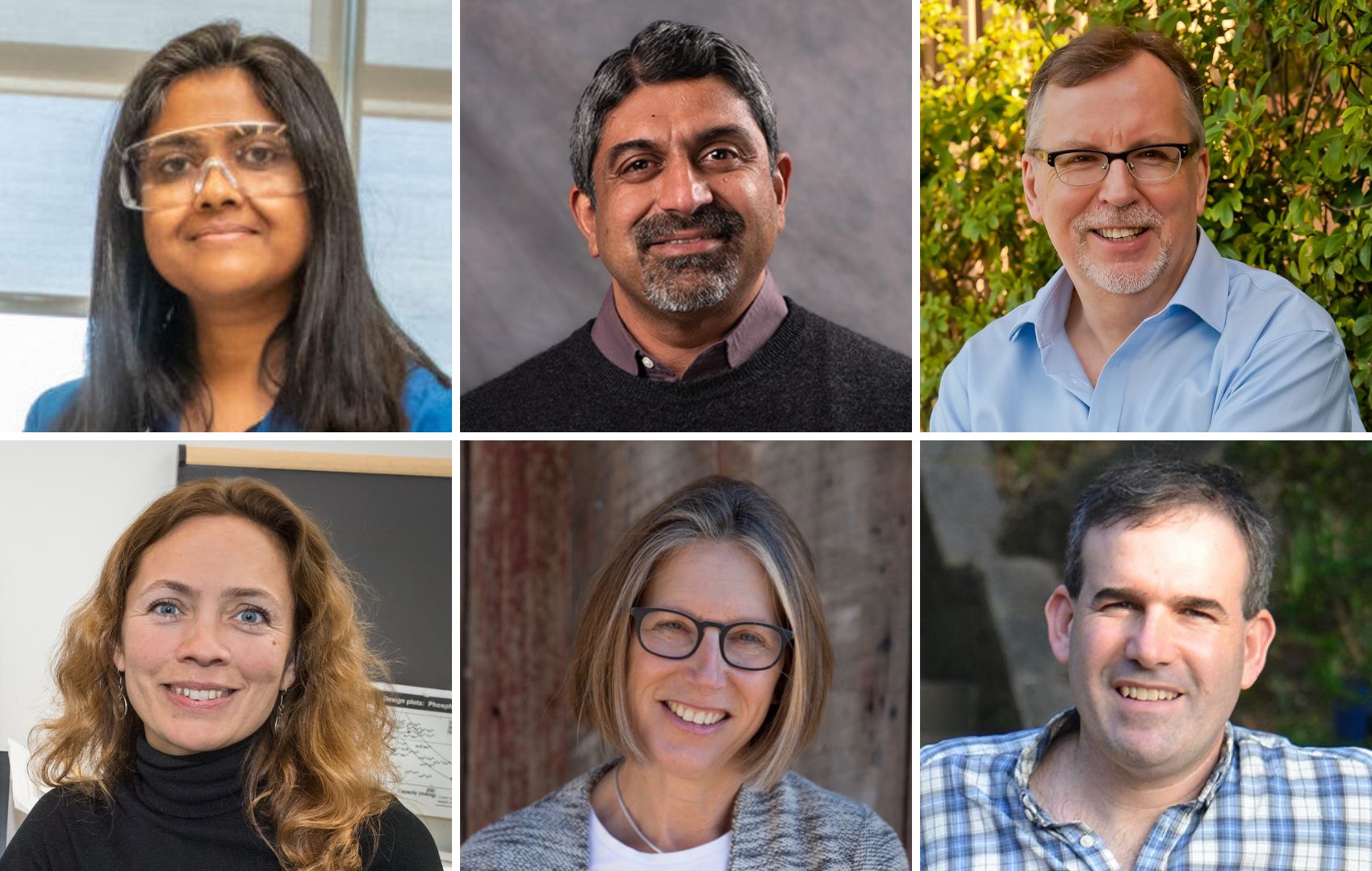 Collage of six people laid out three in a row. From top row, left to right: Aindrila Mukhopadhyay, Rangachary Mukundan, Howard Padmore. From bottom row, left to right: Kristin Persson, Whendee Silver, and Dan Stamper-Kurn.