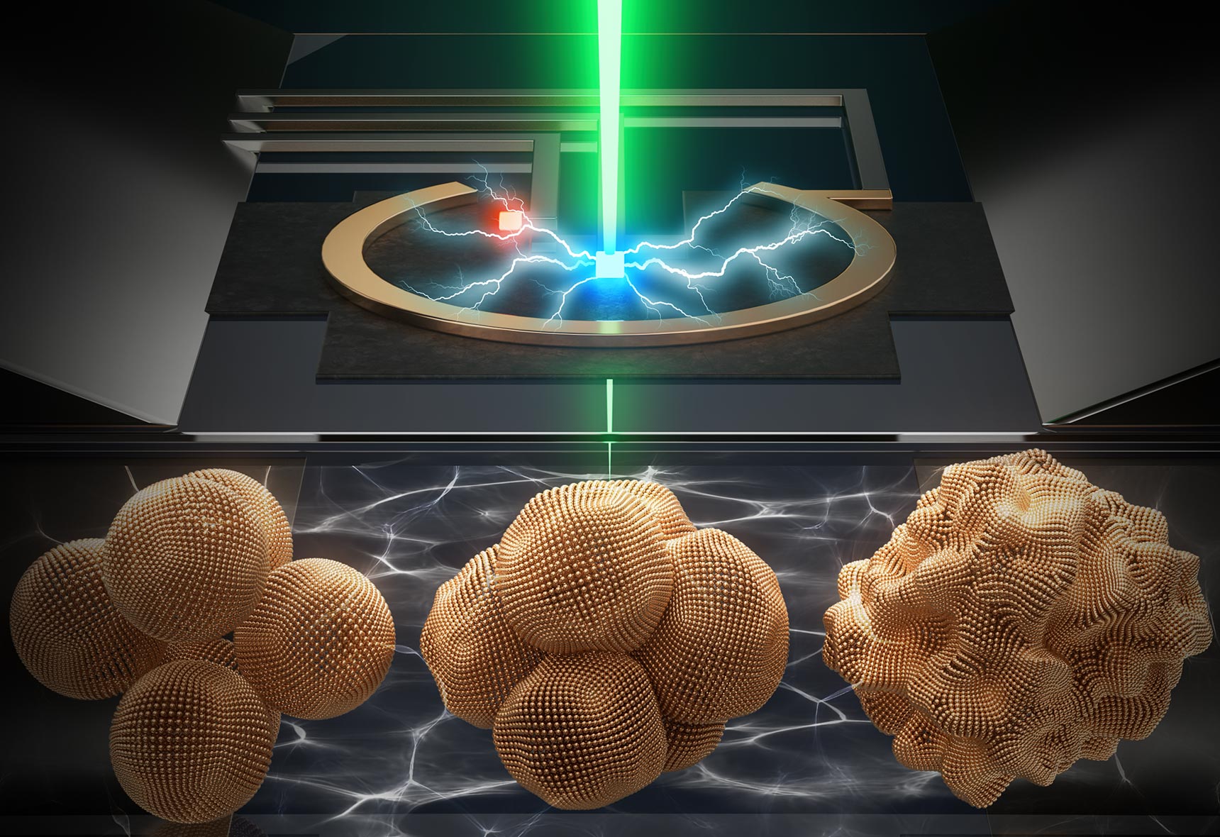 Artist’s rendering of a copper nanoparticle as it evolves during CO2 electrolysis: Copper nanoparticles (left) combine into larger metallic copper “nanograins” (right)
