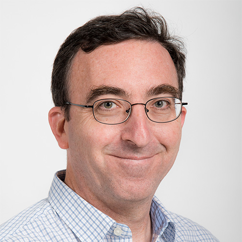 Person smiling with short brown hair and glasses, wearing a grid check white collared shirt, photographed against a white background.