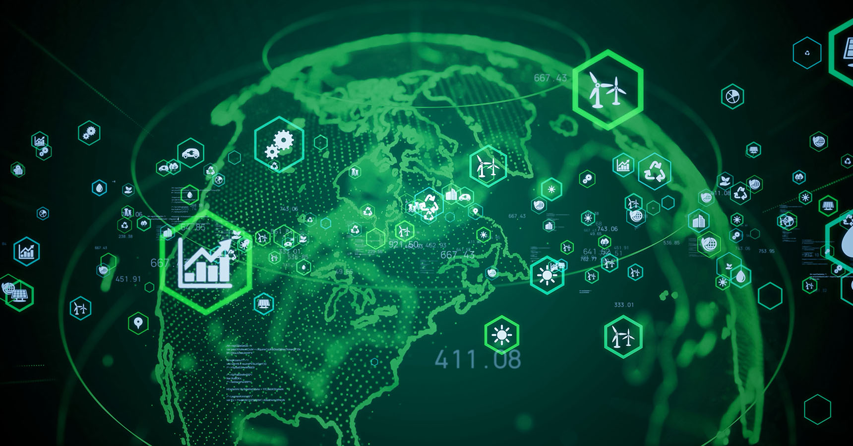 Digital illustration of the world outlined in green against a dark background, with various renewable energy icons and numbers floating around.