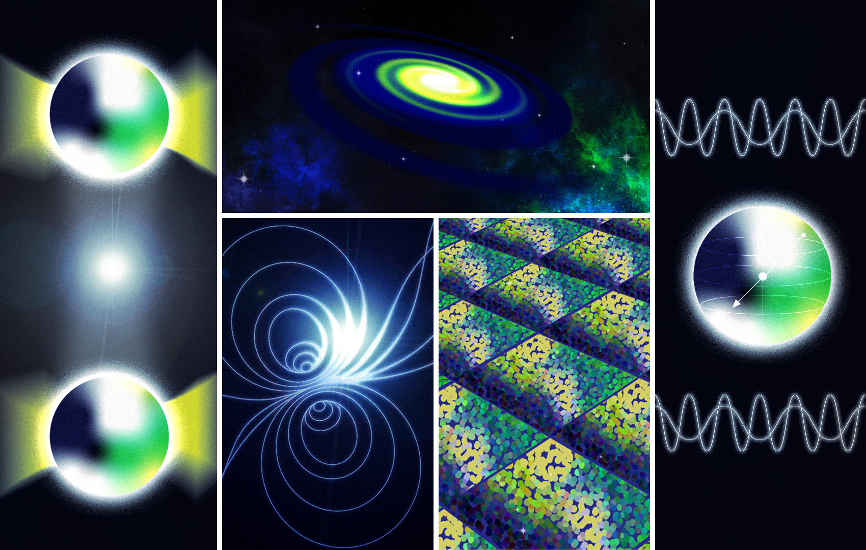 Digital illustration with a dark background featuring five quantum-related scenes.