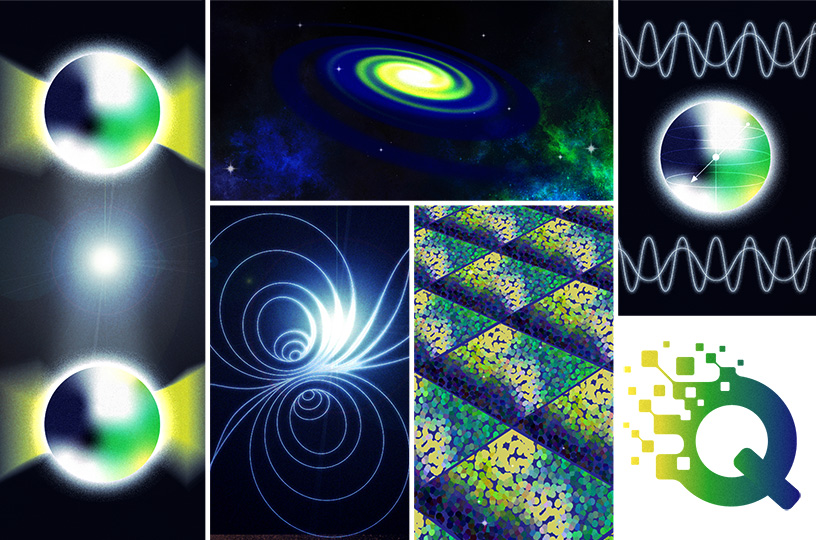 Digital illustration with a dark background featuring five quantum-related scenes.