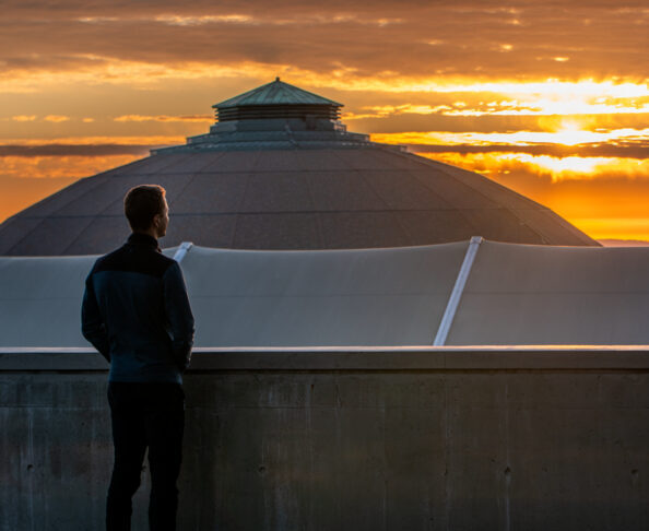 The Advanced Light Source (ALS) dome as seen at sunset at Lawrence Berkeley National Laboratory