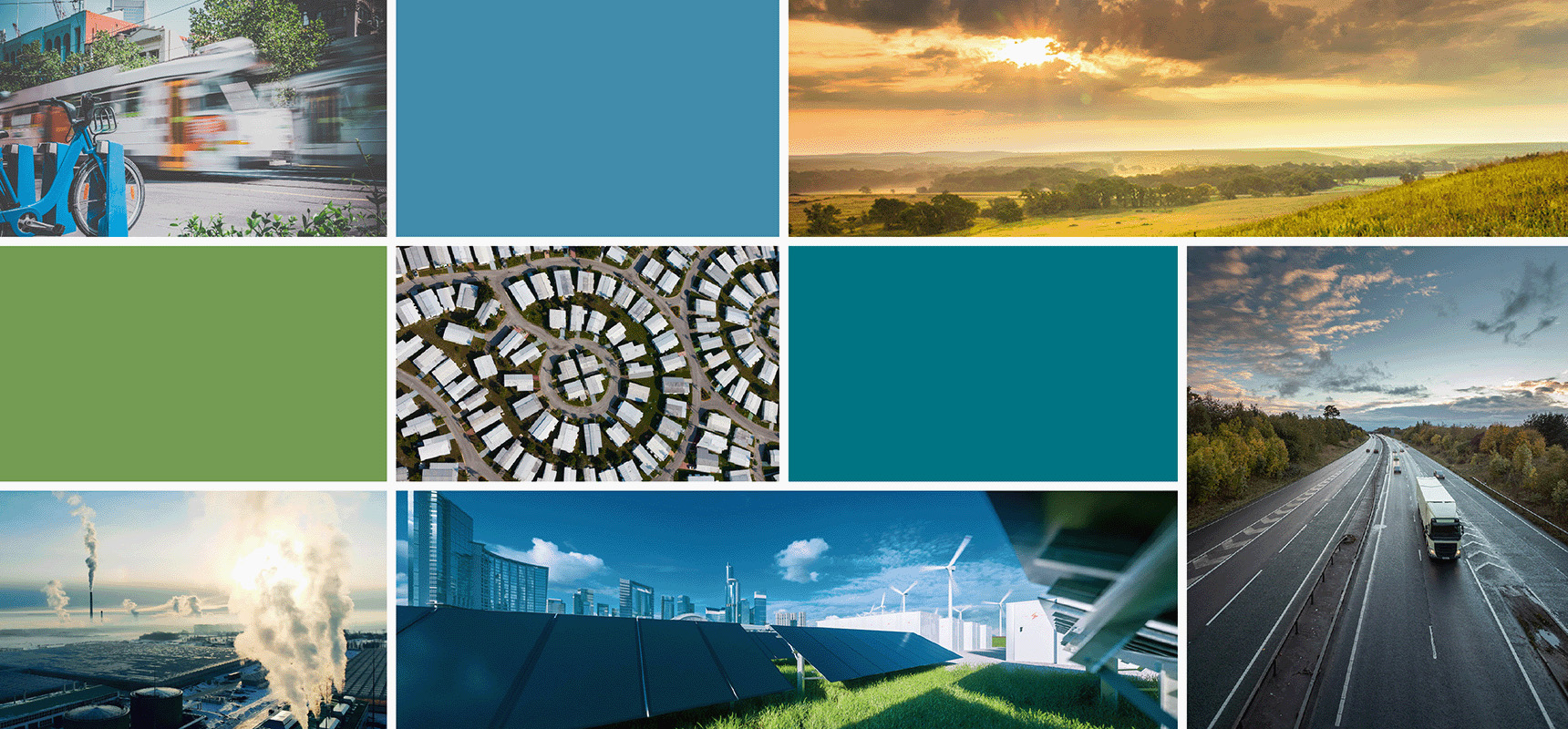 Collage of transit, highways, solar panels, factories, homes, and a sunrise over a prairie.