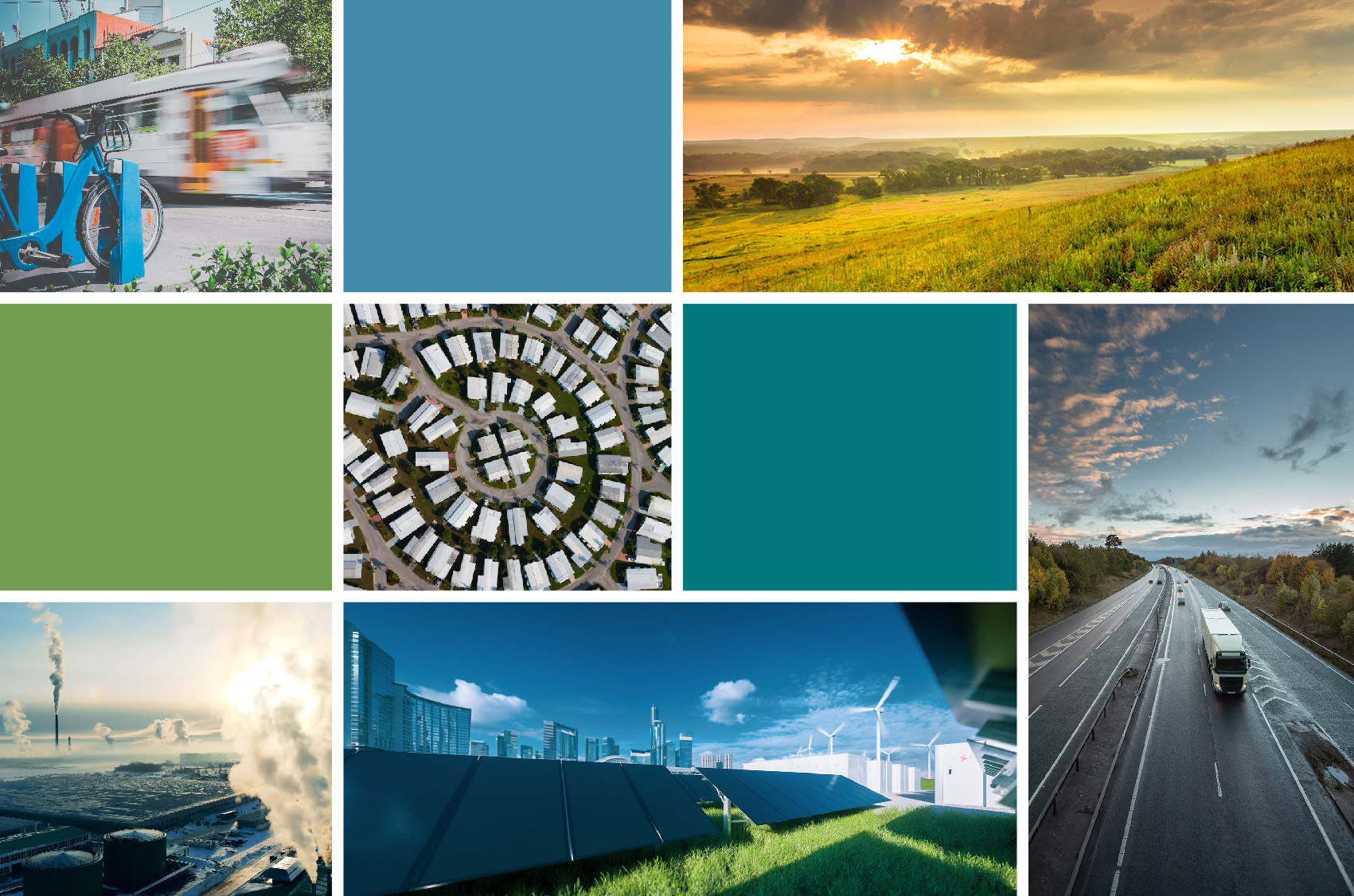 Collage of transit, highways, solar panels, factories, homes, and a sunrise over a prairie.