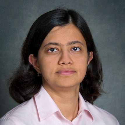 Lavanya Ramakrishnan, a person with medium-length black hair wearing a pale pink collared shirt, photographed indoors against a gray backdrop.