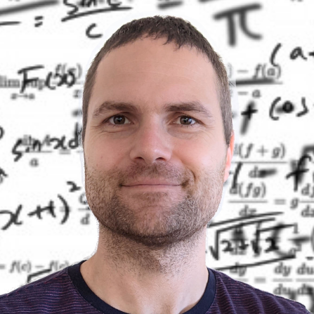 Marcus Noack, a person with short brown hair wearing a purple shirt against a white, digital background with mathematical formulas and symbols floating around.
