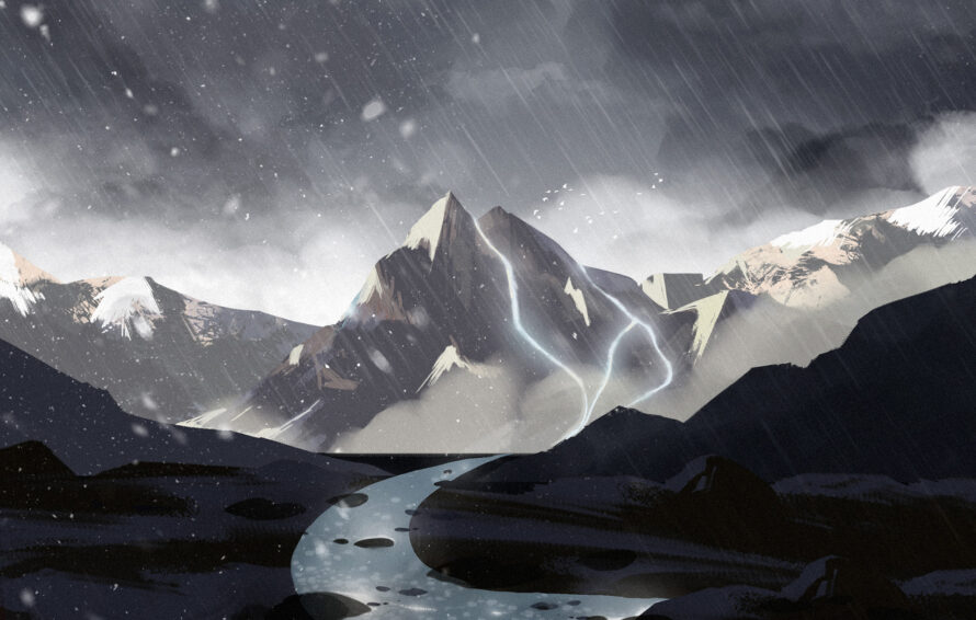 Illustration of snowcapped mountains in the rain, with gray clouds above.