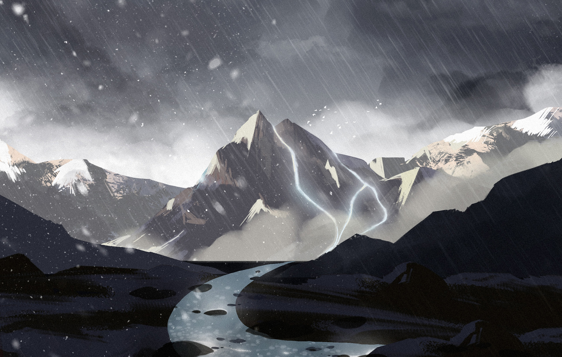 Illustration of snowcapped mountains in the rain, with gray clouds above.