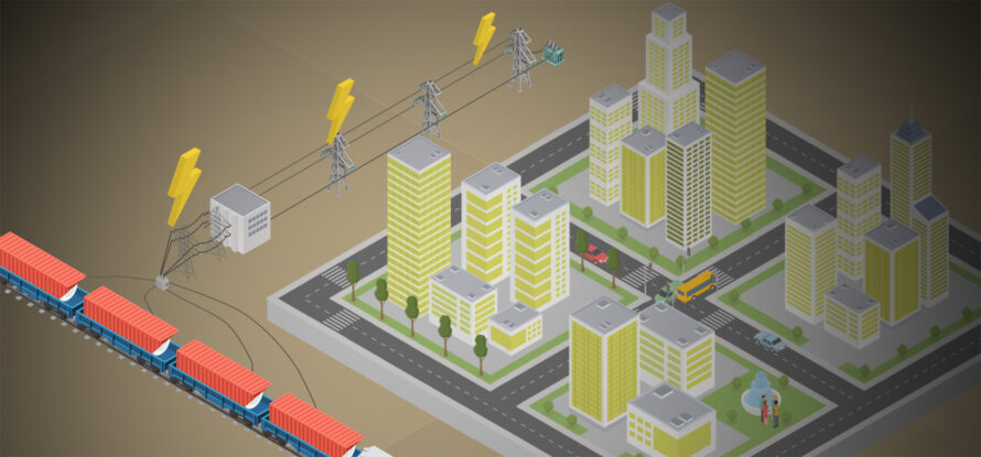 Illustration of a train connected to a city via a power grid.