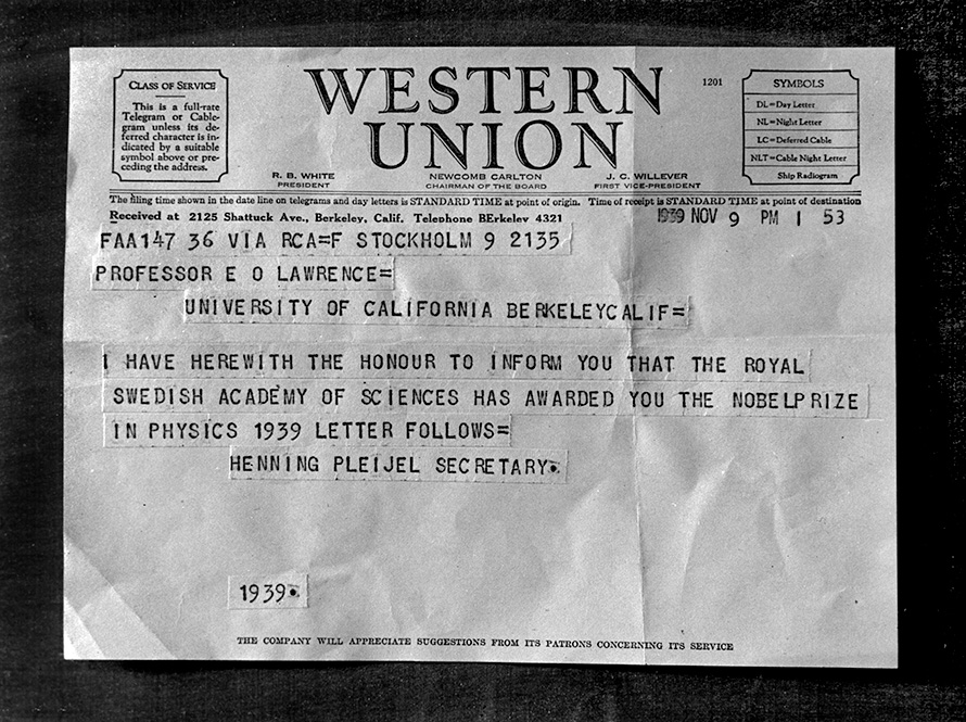 Telegram from the Western Union announcing a Nobel Prize.