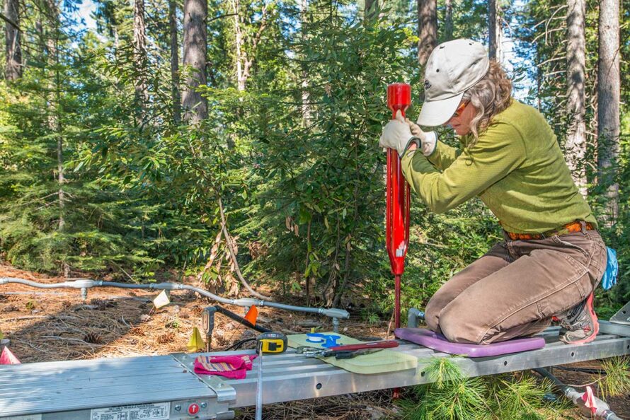 Christina Castanha, a person wearing a light colored hat, green shirt, and brown pants, collecting soil samples outdoors for a deep-soil warming experiment.