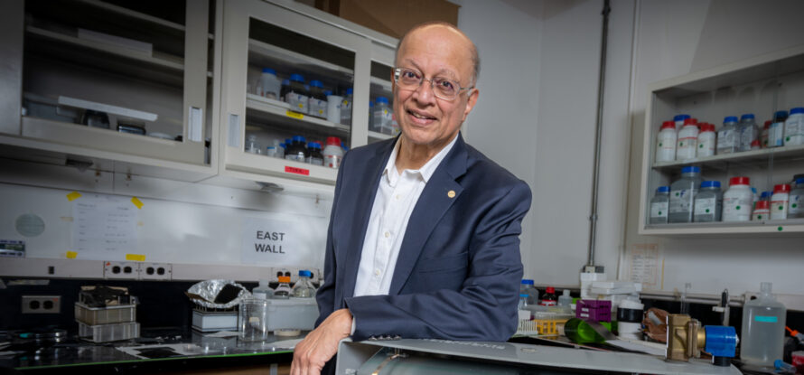 Ashok Gadgil leaning on one of his technologies.