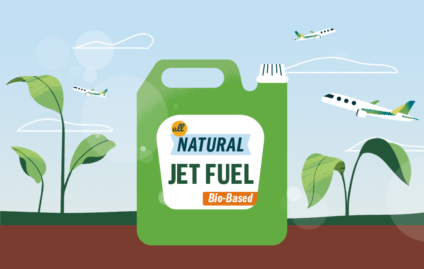 A fuel canister and biofuel crops in front of distant planes