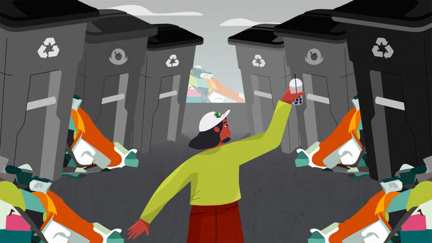 Cartoon illustration of a person standing in front of rows of recycling and composting receptacles.