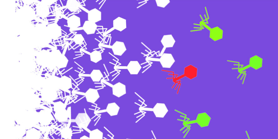 Abstract digital illustration of bacteriophages against a purple background.