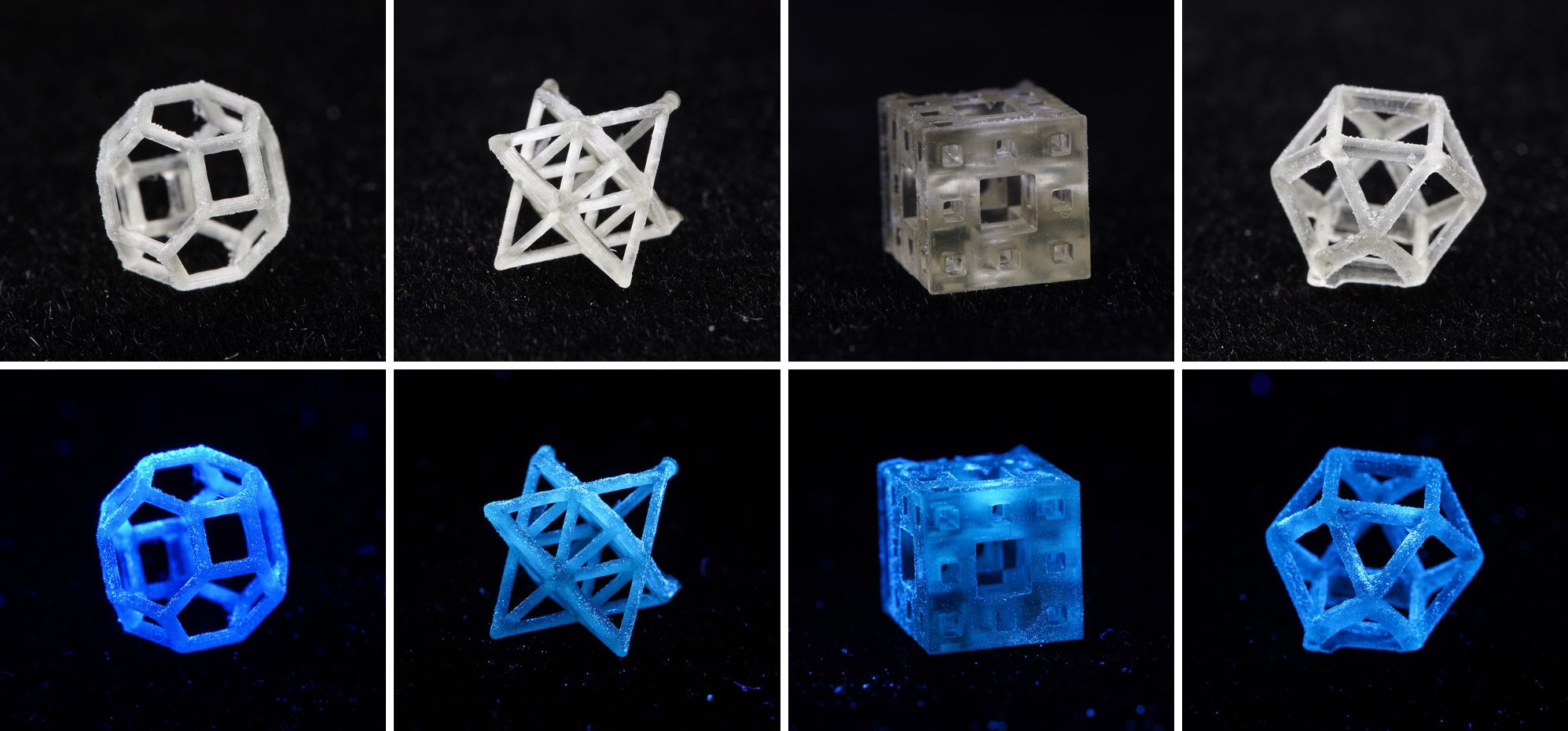 Eight 2-centimeter-tall 3D-printed devices fabricated from supramolecular ink that emits blue or white light.