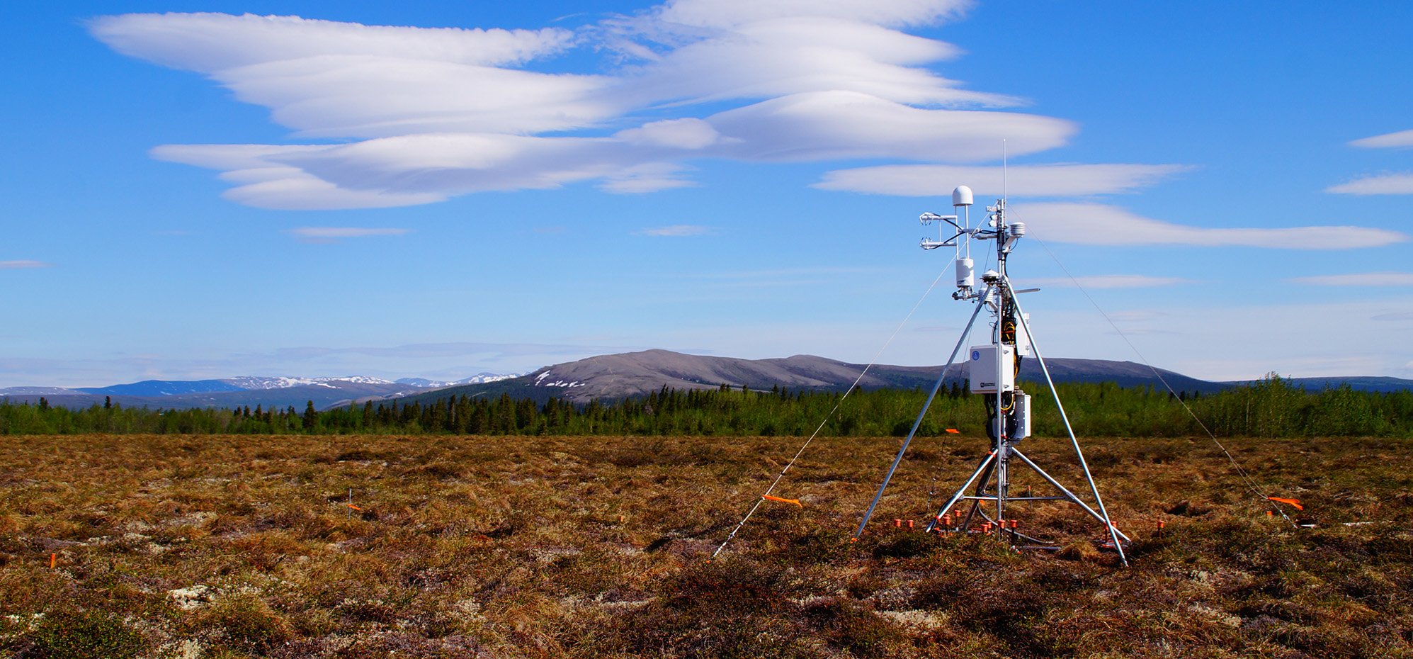 A view of an eddy covariance tower, capable of measuring the release of greenhouse gases, located in Alaska.