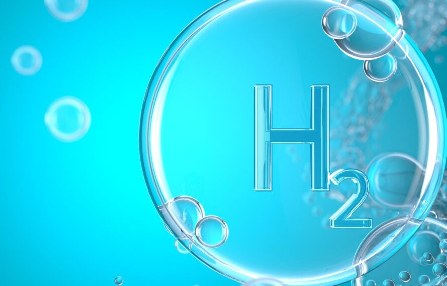 Bubbles against a blue background. A large bubble on the right says H2.