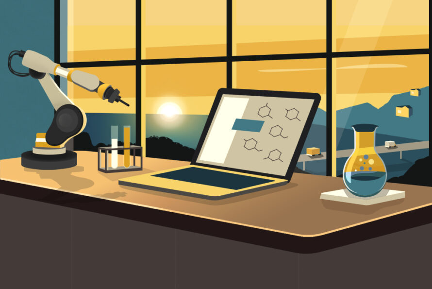Illustration of a robot arm, vials, a laptop, and a beaker on a desk facing the window.
